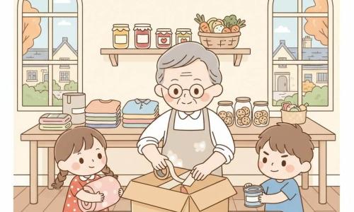 A smiling but focused man, Mr. Henry, with soft gray hair, round glasses and a flour-stained beige apron, leans kindly as he seals a large cardboard box with tape; to the left, Lily, about 8, with brown pigtails and a red polka-dot dress holds a rolled blanket, eyes hopeful; to the right, Sam, about 9, in a blue T-shirt with short messy hair places a small can on top, looking determined; background: a wooden table with stacked clothes, illustrated cards and cookies in jars, a shelf of jam jars and a basket of vegetables; setting: a bright village community room with cream walls, pastel paper garlands and large windows showing stone houses and autumn trees; scene: a warm, caring group preparing a relief parcel for soldiers, centered composition on the sealed box, clean-line pastel style, minimal shadows and clear facial expressions.