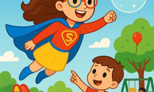 Eine Superheldin, Super-Mama, fliegt am blauen Himmel mit einem großen, fröhlichen Lächeln auf ihrem Gesicht. Sie trägt einen leuchtend blauen Umhang, der hinter ihr weht, und bunte, runde Brillen. Ihre langen, welligen Haare glänzen in der Sonne. Neben ihr schaut ein etwa 6-jähriger Junge mit braunen Haaren und funkelnden Augen bewundernd zu. Er trägt ein rotes T-Shirt und eine gelbe Shorts und zeigt mit dem Finger auf Super-Mama. Darunter ein lebendiger Park mit üppig grünen Bäumen, strahlenden Blumen und einer großen roten Rutsche. Kinder spielen und lachen auf den Schaukeln. Super-Mama nutzt ihre Magie, um eine große, glitzernde Blase zu erschaffen, die zu einem kleinen Ballon schwebt, der in einem Baum feststeckt. Die Kinder beobachten sie mit staunenden Augen, gespannt darauf, was passieren wird.