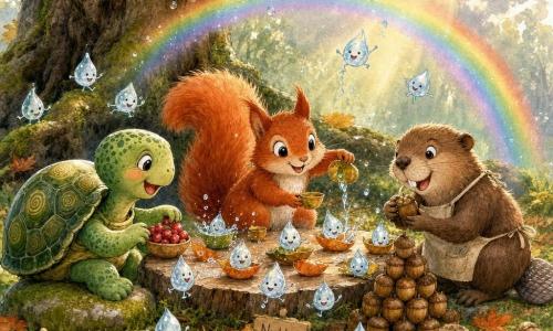 A red squirrel named Nutty with a round face, wide bright eyes and a bushy plume tail, grinning and crouched at the center by a low bark table, holds a tiny leaf cup and pours imaginary 