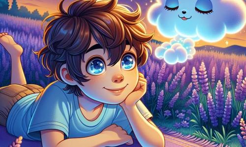 A 10-year-old boy with messy brown hair and sparkling curious eyes is lying on a lavender carpet, a serene smile on his face. He wears a light blue t-shirt and beige shorts, his arms stretched out on the ground, enjoying the softness of the grass. Next to him, a soft, fluffy cloud named Nimbus floats peacefully, glowing with a bluish light and friendly eyes, as if whispering soothing words. The setting is a vast lavender field, where purple flowers stretch as far as the eye can see under a twilight sky dotted with twinkling stars. The scene is bathed in soft, golden light, creating an atmosphere of calm and serenity. In this main situation, the boy takes deep breaths, letting the scents of lavender envelop him, while the cloud Nimbus whispers sweet words to help him fall asleep peacefully.