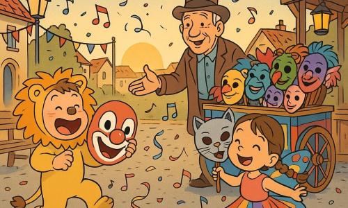 Tre personaggi: Marco, bimbo di 3 anni con capelli castani corti e costume da leone giallo con criniera in feltro e grande maschera da pagliaccio rossa, a sinistra che salta e ride; Lucia, bambina di 3 anni con capelli lunghi intrecciati e vestito da farfalla con ali multicolori lucenti, a destra che volteggia tenendo una maschera da gatto argentata; un vecchio mercante di circa 70 anni dal volto rugoso e sorridente con cilindro marrone, al centro-retro con un piccolo carretto di legno dipinto pieno di maschere colorate che porge una mano accogliente. Ambientazione: piazza del villaggio lastricata in pietre rotonde, decorata con festoni rossi, gialli e blu, bancali e botteghe di legno con lanterne, confetti e coriandoli nell'aria al tramonto dorato. Situazione: i due bambini danzano gioiosi davanti al carretto del mercante, musica visibile con note colorate che si alzano, movimenti di gonna e criniera, risate ed esplosione di maschere e coriandoli che vorticano intorno a loro.