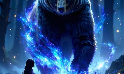 Un urs majestuos, Zarek, cu blană neagră și reflexii argintii, stă în centrul imaginii, cu ochii strălucind de uimire și determinare. El privește o sferă luminoasă albastră care plutește în fața lui, emanând străluciri de lumină blândă. La dreapta sa, o siluetă delicată a unei fetițe cu părul lung și negru, îmbrăcată într-o rochie din țesătură strălucitoare, exprimă frică și speranță. Ea întinde mâna spre Zarek, căutând confort, în timp ce un dragon robotic, cu solzi metalici și ochi verzi luminoși, se ridică în fundal, observând scena cu curiozitate. Decorul este un tunel subteran, cu pereți strălucind de praf de stele și cabluri electrice, unde umbrele dansează în jurul lor, creând o atmosferă magică și misterioasă. Situația principală arată cum Zarek și fetița se confruntă cu sfera luminoasă, simbolizând conexiunea lor și căutarea speranței într-o lume de magie și tehnologie.