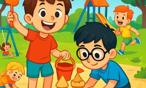 An 8-year-old boy, Timmy, with messy brown hair and sparkling eyes, smiles widely while holding a shovel in one hand and a bucket in the other, building a sandcastle. Next to him is Alex, a 7-year-old boy with black hair and glasses, wearing a blue t-shirt and shorts, helping him shape the sand with focus. In the background, Lily, an 8-year-old girl with braided blonde hair, is collecting seashells, and Sam, an 8-year-old boy with red hair, is running around them, laughing. The scene takes place in a sunny park with lush trees, a bright blue sky, and children joyfully playing on swings and slides. In the center, Timmy and Alex are engrossed in their activity, creating a beautiful sandcastle with towers and a moat, symbolizing their budding friendship and collaboration.