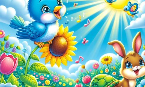 An illustration depicts a small blue bird with bright feathers and shining eyes, expressing great joy. It perches on a sunflower stem, singing enthusiastically under the radiant spring sun. Nearby, a young rabbit with large ears and soft brown fur happily hops in the green grass, its face beaming with happiness. A wise turtle with a colorful patterned shell observes the scene with a gentle smile, sitting quietly on a rock. The main setting is a vibrant field filled with bright flowers like tulips, daisies, and poppies, under a clear blue sky dotted with fluffy white clouds. Sun rays illuminate the landscape, creating a magical and joyful atmosphere. The main situation shows the bird singing joyfully, celebrating spring's arrival, while the rabbit plays among the flowers and the turtle shares wisdom about nature's beauty. Additional graphic elements include colorful butterflies flying around the flowers, buzzing bees, and a delicate rainbow appearing in the sky, adding a touch of magic to this spring scene.