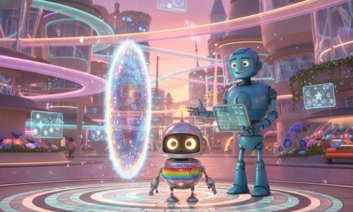 Kleiner runder Roboter (Hauptfigur), polierter silberner Metallkörper mit Regenbogenakzenten, große glühende birnenförmige Augen und erstaunt-neugieriger Ausdruck; er rollt sanft auf ein schimmerndes, spiegelartig schwebendes Portal zu, eine klappbare Antenne auf dem Kopf leuchtet. Ein größerer Roboterfreund (Nebenfigur), sanfte humanoide Silhouette aus mattblauem Metall mit warmem LED-Lächeln, hält einen kleinen schwebenden Bildschirm und steht direkt hinter dem kleinen Roboter, gestikulierend als würde er den Weg erklären. Umgebung: futuristische Stadt mit schwebenden Straßen als transluzente, mehrfarbige Bänder, gebogenen Glasbauten mit pastellfarbenen Neons, schwimmenden Gärten voller leuchtender Blumen und holografischen Bildschirmen, die Muster und Sterne projizieren; sanftes Licht und dämmriger Himmel in Violett- und Koralltönen. Hauptsituation: magische Entdeckung — der kleine Roboter entdeckt das leuchtende Portal in der Mitte eines kreisrunden Platzes mit leuchtenden Bodenplatten, die Luft ist voller funkelnder Partikel; zentrierte Komposition, kräftige Farben, weicher Kontrast, einladende, neugierige Stimmung.