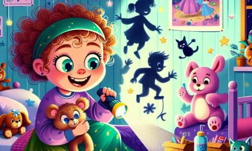 An 8-year-old girl named Lily, with big bright eyes and curly hair, is lying in her bed surrounded by stuffed animals. She has a brave smile on her face, holding a small flashlight that casts funny shadows on the walls of her room. Next to her, her loyal companion, a stuffed rabbit named Mr. Fluff, is nestled in her arms, curiously watching the dancing shadows. Lily's room is decorated in pastel colors, with fairy tale posters on the walls and glowing stars stuck to the ceiling. A fluffy rug is spread on the floor, and colorful books are scattered around her. The main scene shows Lily, full of determination, exploring the darkness of her room with her flashlight, transforming the shadows into funny creatures, while she laughs and enjoys discovering that darkness can be a joyful adventure.