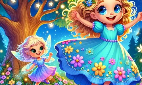 Una niña, Sofía, de unos 8 años, con cabello rizado y dorado, lleva un vestido de algodón azul claro adornado con flores coloridas. Tiene ojos brillantes de curiosidad y una sonrisa radiante que expresa una alegría contagiosa. Sofía baila alegremente alrededor de un gran roble con hojas verdes brillantes, con los brazos levantados hacia el cielo. A su lado, el hada Lila, una pequeña hada de unos 15 centímetros, viste pétalos morados brillantes. Flota en el aire, sus alas translúcidas brillan como gotas de rocío al sol, y sonríe con amabilidad, sosteniendo un poco de polvo de estrellas en su mano. El escenario es un claro de luna mágico, con luciérnagas iluminando el camino y flores coloridas floreciendo alrededor del majestuoso roble. El suelo está cubierto de hojas doradas, creando una alfombra natural. La escena principal muestra a Sofía bailando con entusiasmo, mientras Lila, el hada, le otorga su don mágico, rodeadas de una atmósfera mágica y luminosa, llena de misterio y alegría.