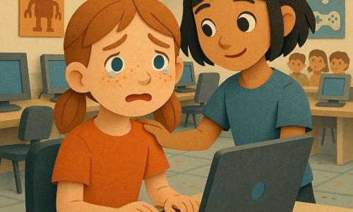 Una niña de 10 años, Clara, rostro redondo, pecas, pelo castaño claro en coletas, expresión avergonzada pero aliviada (ojos húmedos, labio tembloroso), sentada frente a un portátil con las manos sobre el teclado como explicando; una niña de ~9 años, Ana, pelo negro corto, sonrisa suave y ojos curiosos, de pie junto a Clara con la mano en su hombro y ligeramente inclinada hacia ella; un grupo de tres niños difuminados al fondo mirando la escena; sala de informática con mesas claras, ordenadores grises con pantallas azules, luz fluorescente suave, pósters de robots en las paredes, restos de pegatinas y cables en el suelo; situación: Clara confiesa que nunca jugó al juego —momento tierno y de verdad, ambiente de confianza naciente, gestos de empatía, visuales simples y contrastados (formas recortadas, sombras nítidas, colores cálidos en los personajes y fríos en las pantallas).
