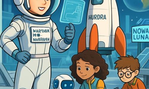 Astronautka, kapitan Nina Kamińska, dumnie stoi przed swoim statkiem kosmicznym "Aurora". Ma na sobie srebrny skafander, z przezroczystym hełmem, który odsłania jej uśmiechniętą i zdeterminowaną twarz. Jej oczy błyszczą z ekscytacji i oczekiwania, podczas gdy konsultuje unoszący się przed nią ekran holograficzny. Obok niej Zosia, 11-letnia dziewczynka z kręconymi brązowymi włosami, pochyla się nad małym robotem, który starannie programuje. Ma na sobie lekką, kolorową kombinezon z wieloma kieszeniami na narzędzia. Nieco dalej Tomek, 12-letni chłopiec w okularach z rozwichrzonymi włosami, bada części statku, jego ręce są brudne od smaru, skoncentrowany na zadaniu. Tło to platforma startowa bazy Nova Luna, z futurystycznymi, błyszczącymi metalowymi strukturami, lśniącymi panelami słonecznymi pod słońcem i gwiaździstym niebem, na którym widać niebieską Ziemię. Główna sytuacja pokazuje Ninę i jej zespół przygotowujących się do pierwszej międzygalaktycznej misji, pełnych ekscytacji i ciekawości, gotowych do odkrywania tajemnic wszechświata.