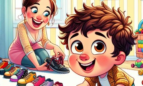 Un ragazzo di 4 anni, Matteo, con i capelli castani disordinati e gli occhi pieni di curiosità, sta mettendo in ordine una divertente fila di scarpe colorate. Sorride ampiamente, le sue guance rosa tradiscono il suo entusiasmo. Accanto a lui, sua madre, una donna di circa 30 anni con i capelli castani raccolti in un chignon, ride tenendo un paio di scarpe. È leggermente piegata in avanti, incoraggiando il figlio con uno sguardo complice. La scena si svolge in un soggiorno luminoso, con un grande tappeto morbido e pareti dipinte di giallo pastello. I giocattoli sono sparsi intorno, e una finestra lascia entrare la luce del sole, creando un'atmosfera gioiosa e calorosa. Matteo cerca di sistemare tutte le scarpe in fila dritta, ma le scarpe sembrano divertirsi a oscillare e a disordinarsi, creando una situazione esilarante e vivace.