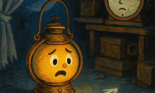 Una piccola lanterna rotonda in ottone (personaggio principale) rotola sulla sua base lucida con fiamma vacillante e volto luminoso che esprime paura coraggiosa; ha rivetti, un manico storto e fuliggine sul beccuccio e illumina dolcemente il pavimento mentre guarda tre frecce di gesso bianco che brillano come polvere lunare e indicano porte oscure. Su uno scaffale una vecchia pendola senza lancette (personaggio secondario), zoppicante e impolverata con quadrante screpolato e sguardo vuoto ma preoccupato, emette un piccolo ticchettio silenzioso e inclina leggermente la testa verso la lanterna. A sinistra una treccia di tendaggio grigio sfilacciata e impolverata (personaggio secondario) fluttua come una mano che si apre verso la lanterna. Il tutto in un vecchio deposito di oggetti dimenticati con scaffali di legno, casse impilate, lamiera arrugginita, polvere sospesa e raggi di luna che filtrano da un lucernario sporco; scena notturna centrale con la lanterna esitante al crocevia di tre sentieri segnati a gesso, atmosfera leggermente minacciosa ma magica con forti contrasti di ombre e bagliori caldi.