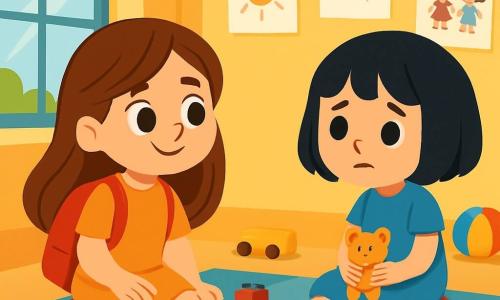 Una bambina di 4 anni, Martina, con lunghi capelli castani e occhi scintillanti, indossa uno zainetto rosso. Ha un sorriso caloroso, ma i suoi occhi mostrano una leggera curiosità e voglia di avvicinarsi. È seduta su un tappeto colorato, circondata da blocchi da costruzione. Accanto a lei, Sara, un'altra bambina di 4 anni, ha i capelli corti e neri e un viso dolce. Indossa un semplice vestitino blu e guarda timidamente gli altri bambini. È seduta un po' in disparte, tenendo un piccolo giocattolo tra le mani. La scena si svolge in un'aula luminosa, con pareti dipinte di giallo e finestre che lasciano entrare la luce del sole. Disegni di bambini decorano le pareti e giocattoli sono sparsi sul pavimento. Martina, incuriosita dalla presenza di Sara, esita a invitarla a giocare, mentre Sara, un po' triste, osserva gli altri bambini divertirsi.