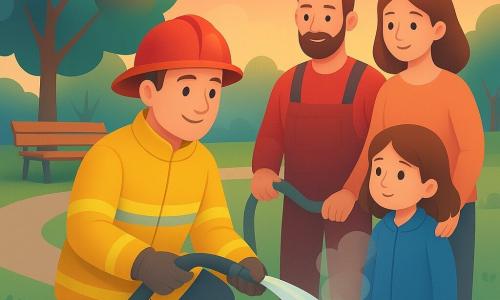 Un pompiere (Leo), volto sorridente e calmo, casco rosso lucido e giacca gialla con bande riflettenti, inginocchiato vicino a un bidone metallico che emana un leggero fumo, tiene un piccolo tubo dal quale esce un sottile getto d'acqua; una bambina (Mia), circa 6 anni, capelli castani e giacca blu, in piedi accanto alla sua maestra a breve distanza, osserva ammirata; la maestra, donna di 30–40 anni, abbigliamento semplice, mano sulla spalla di Mia, seduta su una panchina sullo sfondo a sinistra; un collega pompiere (Marco), 30–40 anni, barba corta e salopette rossa, sostiene il tubo da dietro; luogo: piccolo parco cittadino al crepuscolo con grandi alberi, altalene e prato; scena rassicurante e dolce di intervento mentre il pompiere spegne un leggero fumo con un getto d'acqua sottile, atmosfera calda e colori pastello, composizione chiara e adatta ai bambini.