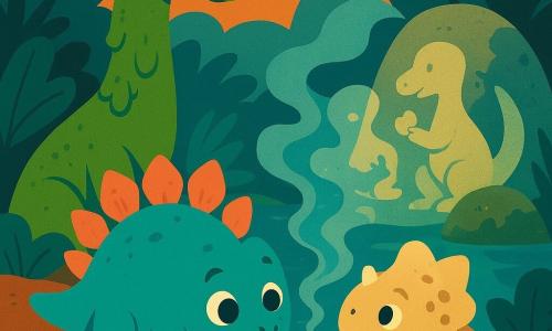 Un pequeño y redondo estegosaurio llamado Lumo, rostro curioso y ojos grandes y brillantes, placas dorsales coral y turquesa ligeramente brillantes, inclina la cabeza hacia el agua escuchando un eco, postura atenta y sonrisa tímida, patas en la orilla fangosa; un viejo braquiosaurio sabio llamado Sora, cuello largo cubierto de musgo verde, ojos suaves y arrugados, sentado al fondo junto a una roca, inclina la cabeza como cantando; un protoceratops juguetón llamado Kiri, pequeño, beige con manchas tierra, junto a Lumo señalando los reflejos con el hocico; lugar: un lago tranquilo rodeado de plantas altas y hojas enormes, rocas con líquenes, agua espejo azul verdosa de la que asciende una bruma luminosa en remolinos y manchas de luz naranja del atardecer; escena: Lumo y sus amigos despiertan una historia olvidada: la bruma forma siluetas suaves de dinosaurios compartiendo frutos y canciones, atmósfera cálida, colores planos y contrastados, composición clara y legible para niños.