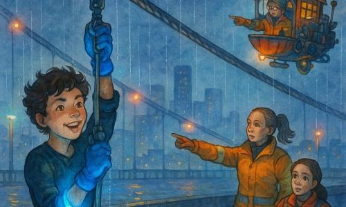 A young woman, Nova, 19, determined and smiling with short curly hair, hangs beneath a Skyspan bridge at night in light rain, using cobalt-blue magnetic gloves that glow softly to hold a metal clamp on a shining cable while a rescue chief, Aria, ~45, in a yellow-orange jacket points to shore and gives orders from the bridge deck, paramedic Juno, ~32, stands nearby with a medical kit watching with worry and hope, and inventive mechanic Patch, ~50, with braided gray hair and workshop goggles appears in a small colorful flying workshop with tools and solar panels; tense but hopeful atmosphere with neon streetlights, sparkling raindrops and a blurred city skyline.