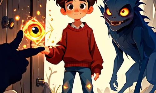 Um menino de 10 anos, chamado Tomás, está no centro do palco, com os olhos arregalados de admiração e medo. Ele tem cabelos castanhos bagunçados, veste um suéter vermelho e um jeans desgastado, enquanto segura um amuleto brilhante em forma de olho na mão, iluminado por uma suave luz dourada. Ao lado dele, uma criatura misteriosa, feita de sombras e luz, está levemente curvada, com olhos curiosos e uma silhueta esguia, emitindo uma aura ao mesmo tempo inquietante e fascinante. O cenário se passa em uma clareira encantada, cercada por árvores de troncos retorcidos e folhagens densas, onde a luz da lua filtra através dos galhos, criando padrões de luz e sombra no chão. Flores luminescentes e cogumelos coloridos adicionam um toque mágico ao ambiente. A situação principal mostra Tomás, hesitante mas determinado, levantando o amuleto em direção à criatura, pronto para estabelecer uma conexão com ela, enquanto sombras dançam ao redor, sugerindo um mistério antigo a ser resolvido.