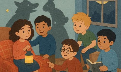 Há 5 personagens: Sofia, uma menina de 9 anos com cabelos castanhos encaracolados e olhos curiosos, está sentada em sua cama, segurando uma lanterna suave nas mãos. Tiago, um menino de 9 anos com cabelos curtos e um sorriso reconfortante, está ao lado de Sofia, com uma mão no ombro dela. Miguel, um menino de 9 anos com cabelos loiros desgrenhados, está agachado perto da janela, olhando as sombras com um ar intrigado. Bruno, um menino de 9 anos com óculos redondos e um ar travesso, aponta uma sombra na parede com um dedo divertido. Lucas, um menino de 9 anos com cabelos pretos e um ar pensativo, segura um pequeno caderno aberto, pronto para anotar uma nova história de sombra. O local é o quarto de Sofia, com paredes azul-pastel decoradas com pequenas estrelas fosforescentes. Uma grande janela deixa entrar a luz da lua, projetando sombras dançantes no chão de madeira. Um tapete macio está estendido no centro do quarto, cercado por almofadas coloridas. A situação principal mostra Sofia e seus amigos transformando sombras assustadoras em figuras amigáveis e divertidas. As crianças riem juntas, inventando histórias para cada sombra, tornando o quarto acolhedor e convidativo apesar da noite.