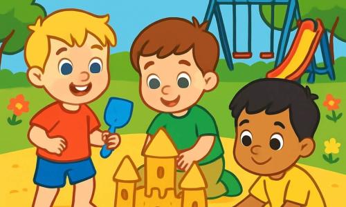 Există 3 personaje: - Matei: un băiat de 3 ani, cu părul blond și ochi albaștri strălucitori. Poartă un tricou roșu și o pereche de pantaloni scurți albaștri și zâmbește vesel ținând o lopată din plastic. - Alex: un băiat de 3 ani, cu părul brunet și ochi verzi. Este îmbrăcat cu un tricou verde și o pereche de pantaloni bej și construiește un castel de nisip lângă Matei. - Amir: un băiat de 3 ani, cu părul negru și ochi căprui închis. Poartă un tricou galben și o pereche de pantaloni scurți portocalii și adună scoici colorate pentru a decora castelul de nisip. Acțiunea are loc într-un parc însorit, cu un teren mare de nisip auriu, copaci verzi și flori colorate. În fundal, se văd leagăne și un tobogan, iar cerul este albastru cu câțiva nori albi pufoși. Cei trei băieți se joacă împreună, construind un mare castel de nisip, râzând și ajutându-se reciproc, ilustrând bucuria prieteniei și toleranței, împărtășind idei și jocuri, în ciuda diferențelor lor.