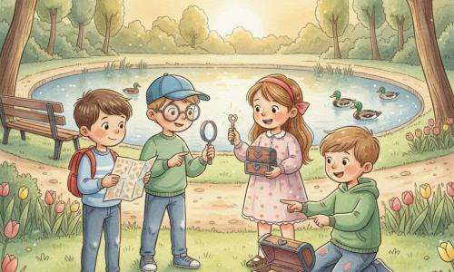 Cztery dzieci: Jaś (6 lat) — krótkie brązowe włosy, mały czerwony plecak, w lewej ręce złożona mapa, stoi po lewej, ciekawy wzrok i nieśmiały uśmiech; Piotrek (6) — niebieska czapka, zabawkowe detektywistyczne okulary, po środku-po lewej, pokazuje mały metalowy kluczyk trzymany z plastikową lupą w drugiej dłoni; Miko (6) — zielona bluza, kredowe plamy na kolanach, po prawej, kuca przy otwartej pozytywce, wskazuje z podekscytowaniem na dziewczynkę; dziewczynka (5–6), właścicielka — różowa wstążka we włosach, sukienka w delikatne kropki, po środku-po prawej, trzyma małą pozytywkę ozdobioną serduszkiem, z błyszczącymi oczami i wdzięcznym uśmiechem. Miejsce: mały park przy stawie, trawiasta krawędź, kolorowe tulipany przy żwirowej alejce, stara drewniana ławka, kaczki na wodzie, złote popołudniowe światło. Główna scena: czwórka dzieci wokół pozytywki na trawie; chłopcy podają błyszczący kluczyk, dziewczynka odbiera go z radością; atmosfera ciepła, zdumienie i współudział, obok okruchy ciastek, pasiasty ręcznik, kolorowe kredki i różowa wstążka na trawie.