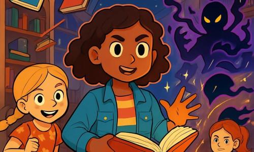 There are three characters: Lena, a 9-year-old girl with curly brown hair, wearing a denim jacket and a colorful t-shirt, standing in the center with determined eyes, holding a floating book in front of her; Maisie, a 9-year-old girl with braided blonde hair, dressed in a floral-patterned dress, slightly to the left, ready to leap with a mischievous smile; and Tilly, a 9-year-old girl with a ponytail of red hair, wearing a hoodie and comfortable pants, to the right with crossed arms, displaying a confident expression. The setting takes place in a magical library with walls shimmering with glowing runes and floating books. A high vaulted ceiling reveals twinkling stars, while a glowing globe casts a soft golden light in the room. The main situation shows the three friends standing together, ready to confront the leader of the Shadow Syndicate, who stands before a pedestal with the Crystal of Balance. Magic sparks and shadows dance around them, creating an atmosphere of tension and excitement.