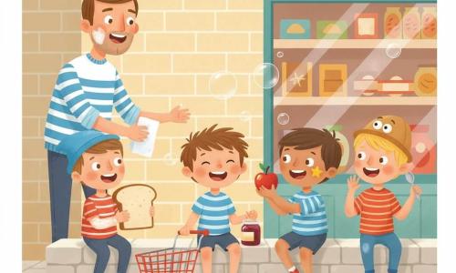 Five characters: Milo, a 6-year-old boy with tousled brown hair and a big smile, sitting center on a low stone wall holding a small red toy shopping cart by his knees; Ben, 6, wearing a crooked blue hat and flour-smudged sleeves, left of Milo, clutching a large slice of bread like a treasure; Omar, 6, tan-skinned with a star sticker on his cheek, right of Milo, offering a shiny red apple; Leo, 6, blond with laughing eyes at the far right, wearing a funny-eyed hat and waving a small spoon; and Mr. Green, about 45, in a striped shirt with flour on his cheek, standing behind the wall at left, handing a paper napkin with a warm smile. Setting: small pavement in front of a colorful grocery with pale yellow brick walls, a visible shop window and light cobbles, soft golden late-afternoon light and a few translucent bubbles in the air. Main scene: the children share an impromptu mini-picnic on the wall—passing a slice of bread, a jar of open jam, a shiny apple and small spoons—joyful faces, shared laughter, chaotic but tender atmosphere.