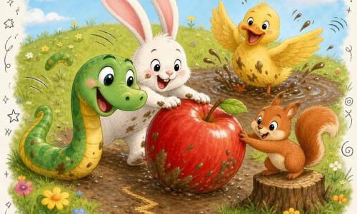 A cute, gentle snake colored pale green with yellow stripes grinning mischievously pushes a big shiny red apple with its snout as it rolls down a grassy hill; beside it a white rabbit with long pink ears and fluffy fur laughs and pushes the apple with its forepaws slightly front-left, a small red squirrel on a nearby stump to the right reaches out to nudge the apple, and a yellow duck with an orange bill flaps behind the apple, splashing mud from a shiny brown puddle at the hill's center; the scene has colorful flowers on the green hill, a light blue sky with fluffy white clouds and simple overlay doodles (stars, hearts, motion lines), the apple rolls fast leaving a zigzag trail, all characters laugh and are splattered with mud in a lively, joyful, dynamic moment.