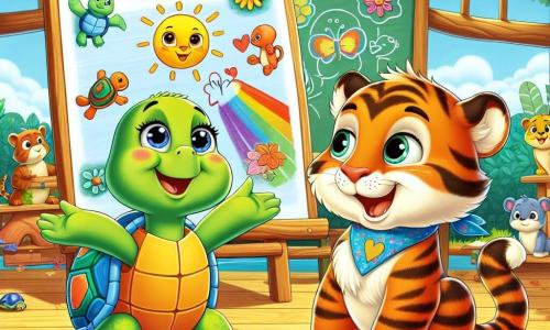 Tula, una pequeña tortuga verde con un caparazón colorido, sonríe alegremente mientras sostiene un gran cartel que dice 
