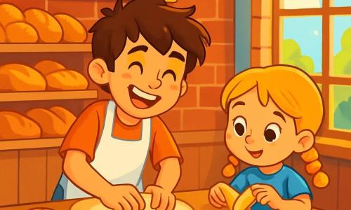 Um jovem, Lucas, com cabelos castanhos bagunçados e um grande sorriso alegre, usa um avental branco e está amassando massa de pão em uma padaria. Ele tem olhos brilhantes de paixão e bochechas levemente rosadas. Ao seu lado, uma menina de cinco anos, Sofia, com cabelos loiros trançados e olhos curiosos, tenta moldar um croissant com uma expressão concentrada e divertida. A padaria, 