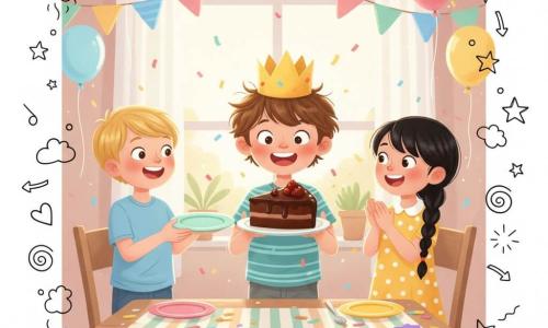 Three children, about 8 years old: Alex in the center with messy brown hair and a yellow paper crown, holding a large slice of chocolate cake, surprised and smiling; Jamie on the left with short blond hair and a light blue T‑shirt, offering a plate, proud and joyful; Ella on the right with black braided hair and a yellow polka‑dot dress, clapping enthusiastically. Bright living room decorated for a birthday: pastel walls, multicolored garlands, balloons floating at the ceiling, wooden table with a striped tablecloth, scattered confetti and colorful plates, window with soft sunlight. Moment of surprise after discovering the cake, festive warm mood, joyful expressions, confetti in the air, vivid contrasting colors, visible textures (glossy cake icing, satin balloon ribbons), composition centered on the three children, soft rounded youthful style with small doodles (stars, hearts, music notes) around them.