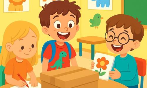 Um garoto de 6 anos, chamado Pedro, com cabelo castanho bagunçado e um grande sorriso animado, está no centro da sala de aula, com os olhos brilhando de curiosidade. Ele usa uma camiseta vermelha com um dinossauro e uma mochila azul nas costas. À sua direita, Ana, uma menina de 6 anos com cabelo longo e loiro, está concentrada em seu desenho, segurando um lápis colorido. À sua esquerda, Lucas, um garoto de 6 anos com óculos redondos e cabelo castanho, ri enquanto mostra um livro para Pedro. A sala de aula é iluminada, com paredes amarelas e cartazes coloridos de animais e letras. Mesas de madeira estão dispostas em círculo, cercadas por cadeiras multicoloridas. Pedro, com uma expressão de excitação, observa uma grande caixa misteriosa na mesa da professora, se perguntando o que há dentro, enquanto seus amigos se preparam para descobrir a atividade especial do dia.