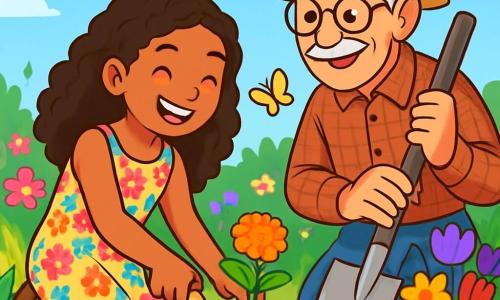 Amira, a 12-year-old girl, has curly brown hair cascading over her shoulders. She wears a light dress with colorful floral patterns and displays a big smile radiating joy and determination. She is planting flowers in Mr. Jenkins' garden, an elderly man with a wrinkled face and round glasses, who watches her with a caring and proud look. Mr. Jenkins, dressed in a checked shirt and a straw hat, holds a shovel and stands beside Amira, showing her how to plant the flowers properly. The garden is an enchanting place filled with vibrant flowers of all colors, with butterflies fluttering around and a clear blue sky in the background. The main scene shows Amira and Mr. Jenkins working together, surrounded by the beauty of nature, illustrating the spirit of camaraderie and sharing during Ramadan.