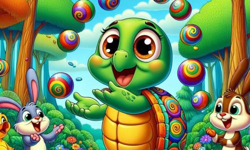 Tuca, a tartaruga, está no centro da imagem, com um grande sorriso no rosto. Ela tem uma carapaça colorida, decorada com padrões em espiral, e está fazendo malabarismos com pequenas pedras brilhantes, com os olhos cheios de excitação. À sua direita, Beto, o coelho, salta alegremente no ar, suas grandes orelhas flutuando atrás dele, rindo de coração, com as patas dianteiras levantadas como se estivesse aplaudindo. À esquerda, Fred, o pato, está em pé em uma pata, cantando com uma expressão cômica, suas penas amarelas brilhantes contrastando com o verde da floresta. O cenário é uma floresta encantada, cheia de árvores com troncos grossos e folhas coloridas, com flores multicolores por toda parte. Ao fundo, vê-se um céu azul claro salpicado de nuvens fofas. A cena principal mostra Tuca e seus amigos se preparando para um concurso de talentos, cercados por animais curiosos que os observam com olhos maravilhados, prontos para rir e aplaudir suas performances hilárias.