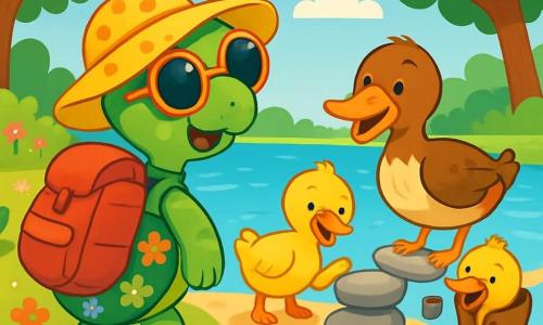 Uma tartaruga alegre chamada Teodora, com um grande chapéu amarelo de bolinhas e óculos de sol, está à beira de um lago cintilante, seu rosto expressando curiosidade. Ela tem um casco verde decorado com pequenas flores coloridas e uma grande mochila cheia de surpresas ao seu lado. Perto dela, um grupo de três patos com penas brilhantes, um pato adulto com um bico laranja vivo, um pato jovem com penas fofas e um pato um pouco desajeitado, tentam levantar pedras para construir uma escultura, mostrando determinação e diversão. O cenário é um lindo bosque, com árvores de folhas verdes vibrantes, flores multicoloridas e um céu azul com nuvens brancas fofas. Teodora, divertida, observa os patos rindo e escorregando nas pedras, enquanto um dos patos fica preso em uma bota velha, criando uma cena cheia de alegria e camaradagem.
