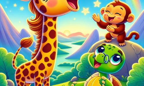 Uma girafa chamada Gigi, com um longo pescoço gracioso e manchas douradas brilhantes, está no topo de uma montanha, seu rosto iluminado por um grande sorriso de alegria e admiração. Ao seu lado, um pequeno macaco travesso chamado Tico, com pelagem marrom e olhos brilhantes, aplaude entusiasticamente, enquanto uma doce tartaruga chamada Tuca, com uma carapaça verde e óculos redondos, observa com admiração, sentada em uma pedra. O céu é pintado com cores vibrantes, com estrelas cintilantes que começam a aparecer, e uma paisagem de colinas verdejantes se estende até onde a vista alcança. Gigi, cercada por seus amigos, celebra sua vitória por ter alcançado o topo da Montanha dos Sonhos, percebendo que a verdadeira aventura reside na amizade e na bondade.