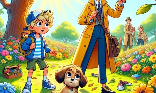 Mevrouw Fien is een vrouw van ongeveer dertig jaar met krullend haar en een vergrootglas in de hand, met een nieuwsgierige en vastberaden uitdrukking op haar gezicht. Ze draagt een kleurrijke trenchcoat en een detectivehoed, terwijl ze zich lichtjes voorover buigt om sporen op de grond te onderzoeken. Naast haar kijkt Tom, een jongen van 10 jaar met rommelig blond haar en een gestreept t-shirt, hoopvol terwijl hij zijn blauwe schoenen in de hand houdt. Iets verderop staat Blits, een hond met een bruine vacht en sprankelende ogen, vrolijk met een klein tasje vol verloren speelgoed, klaar om te helpen. De scène speelt zich af in een zonnig park vol kleurrijke bloemen en groene bomen, met een grote eik in het midden waar een schat aan mysteries verborgen ligt. Op de grond liggen verspreid bladeren en verloren voorwerpen zijn zichtbaar om hen heen, wat een avontuurlijke en ontdekkende sfeer creëert. In deze illustratie zijn Mevrouw Fien en Tom bezig met het onderzoeken van verloren voorwerpen, terwijl Blits, de nieuwsgierige hond, hen helpt het mysterie op te lossen, wat een vleugje vreugde en opwinding aan hun zoektocht toevoegt.