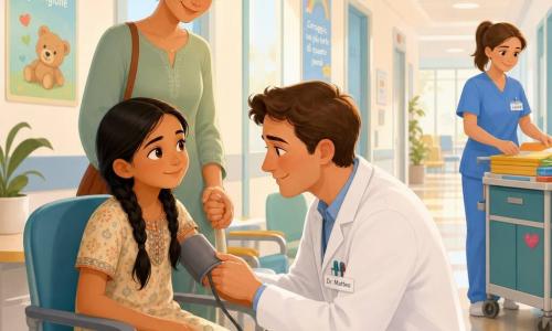 Un uomo, il dottor Matteo, sorridente e benevolo con camice bianco, mette un bracciale da sfigmomanometro grigio al braccio della bambina; la bambina Samira, circa 10 anni, con due lunghe trecce nere e un vestito con motivi semplici, è seduta, curiosa e sollevata, mano tenuta dalla madre; la madre, circa 35 anni, capelli raccolti, è in piedi dietro la sedia e sorride timidamente; a destra sullo sfondo l’infermiera Laura, circa 30 anni, in divisa blu, sistema fascicoli su un carrello; ambientazione: corridoio luminoso di ospedale al mattino con pareti chiare e poster colorati per bambini, sedie allineate e una pianta in vaso; situazione: visita medica rassicurante e calma, centro sulla relazione medico–bambina, luce morbida e calda, palette pastello, ombre leggere, resa nitida e espressiva in campo medio all’altezza degli occhi.