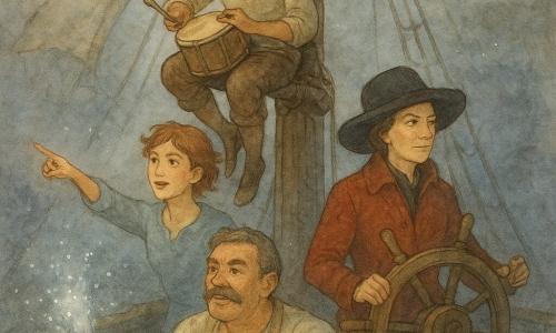 Rocco, uomo di circa 35 anni, pelle abbronzata e barba corta, in cima all’albero maestro che batte un piccolo tamburo marrone; Capitano Bruna, donna di circa 40 anni con giacca rossa e grande cappello nero, ferma ma rassicurante vicino alla barra; Nina, giovane di circa 20 anni con capelli corti e occhi vivaci, in prua indicando la direzione; Berto, cuoco robusto di circa 50 anni con grembiule macchiato, che scaglia secchi d’acqua salata per far scintillare la nebbia; ponte di una vecchia nave pirata in legno con tavole bagnate e cordami spessi, vele inclinate, luna pallida semi-nascosta da una foschia grigia e gocce come perle; attraversamento di una nebbia nera che ruba i suoni: scena notturna, luminosa e dinamica, ritmo calmo del tamburo di Rocco e equipaggio che lancia acqua per rivelare sagome, movimenti sincronizzati, tensione eroica ma calda.