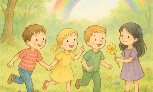 Quattro bambini in un boschetto primaverile illuminato: Luca, bambino dai capelli corti castani e lentiggini con maglia rossa a righe, corre verso destra guardando una piccola farfalla blu vicino a un albero in primo piano a sinistra; Sara, bambina con trecce bionde e vestito giallo, sorride e indica l'arcobaleno al centro della scena accanto a Luca; Leo, bimbo dai capelli castano chiaro e pantaloni verdi, tiene la mano di Sara e mostra una pietra brillante vicino a un piccolo ruscello sul centro-sinistra; Mia, bambina dai capelli neri lisci e vestito viola, offre un grande fiore giallo a Sara stando sulla riva fiorita a destra. Il luogo: alberi alti, erba morbida, ruscello chiaro con pietre per saltare e ciuffi di fiori colorati, un grande albero con radici visibili a sinistra e un arcobaleno vivace su cielo azzurro pallido. Situazione: i quattro scoprono l'arcobaleno, saltano e ridono vicino al ruscello con gesti di aiuto e sguardi stupiti; stile delicato, contorni sottili a matita e acquerello trasparente dai toni pastello.