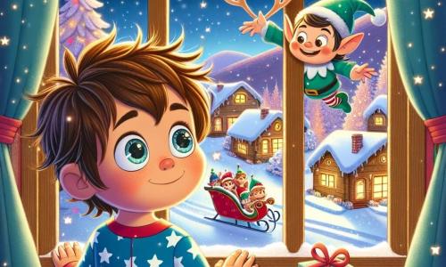 Un niño de 5 años, Miguel, con cabello castaño desordenado y ojos brillantes de curiosidad, está frente a una ventana, maravillado por el paisaje nevado. Lleva un pijama azul con estrellas blancas y un gorro rojo de Navidad. Afuera, un pequeño duende llamado Tico, con orejas puntiagudas, piel verde y una sonrisa traviesa, flota en el aire junto a un trineo lleno de regalos, listo para llevar a Miguel en una aventura mágica. El lugar es un encantador pueblo navideño, con casas de madera decoradas con guirnaldas luminosas, copos de nieve cayendo suavemente y árboles brillantes. La escena está bañada en una luz suave y cálida, evocando el espíritu navideño. La situación principal muestra a Miguel, con los ojos abiertos de alegría, mirando a Tico que lo invita a subir al trineo, mientras las estrellas brillan en el cielo nocturno, creando una atmósfera mágica y encantada.