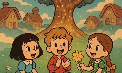 Hay tres niños: Luna, 6 años, pelo negro corto y brillante, ojos grandes, vestido azul claro con cuello blanco, sentada a la izquierda bajo un árbol, cantando suavemente mirando una pequeña estrella; Mateo, 6 años, pelo castaño claro alborotado, chaqueta roja y botas marrones, en el centro, aplaudiendo y tamborileando en las piernas; Sofía, 6 años, pelo largo trenzado con lazos amarillos, vestido verde con lunares, a la derecha, ofreciendo una flor dorada luminosa al tronco. Están en una plaza flotante sobre nubes bajas con casas de madera de techos redondeados que levitan, calles de bandas de luz, y en el centro un gran árbol nudoso cubierto de pequeñas luces parecidas a luciérnagas y mini-ventanas; suelo de musgo verde con pétalos plateados brillantes. Los tres, sentados en círculo bajo el árbol, comparten gestos de gratitud — canción, aplausos y ofrenda — mientras las luces del árbol se juntan formando una estrella brillante; ambiente cálido en tonos pastel saturados, sombras suaves y expresiones de asombro y alegría.