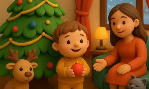 Un niño de 2 años, pelo castaño claro y mejillas regordetas, sostiene una bola de Navidad roja y la cuelga del árbol con expresión maravillada; la madre, sentada a la derecha, lo anima con una sonrisa mientras el padre, a la izquierda, recoge otra bola caída; a su lado hay un reno de peluche beige y un gato gris ronronea en las rodillas de la madre. El salón es pequeño y acogedor, con luz cálida, cortinas rojas, suelo de madera clara y un gran árbol verde decorado con guirnaldas doradas y bolas rojas y azules; en la mesa baja hay una placa de galletas y un vaso de leche tibia con vapor; por la ventana se ven copos de nieve sobre un jardín blanco. La escena transmite intimidad, colores cálidos y formas redondeadas.