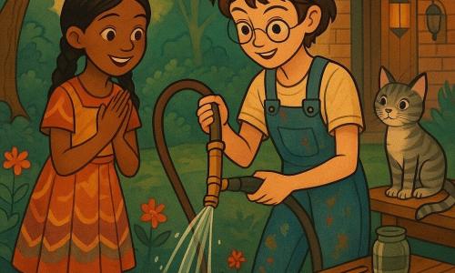 A young inventor named Lila, smiling and focused with short tousled brown hair, paint‑stained overalls and round glasses on her forehead, leans over a DIY setup holding a rubber hose inserted into a bamboo rod to test water flow; her friend Mina, about eleven, joyful in a colorful dress with tight braids, stands to Lila’s left gently clapping with her shoes wet in the dark soil as the jet waters bright flowers, while Whiskers the gray‑and‑white tabby perches on a pile of plans to the right of the wooden table covered in tools, jars and sketches; behind them a brick workshop lit by a lantern sits beyond an old willow, and the scene—showing the first test of a recycled‑hose bamboo “showerer” with sparkling droplets, a small elastic repair on the hose and subtle splashes—is rendered in an Art Deco style with crisp geometric shapes, warm pastel palette, thick outlines, detailed wood and metal textures and soft twilight light.