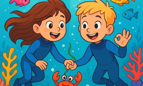 Een 8-jarig meisje, Lila, met lange bruine haren die in het water drijven, draagt een blauwe duikpak. Haar gezicht straalt van vreugde en verwondering terwijl ze kleurrijke vissen om zich heen observeert. Naast haar staat haar vriend Sami, een 8-jarig jongetje met kort blond haar, die enthousiast glimlacht en met zijn hand het teken 