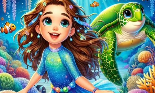 Una niña de 8 años, llamada Luna, con largos cabellos castaños que flotan como algas, lleva un traje de buceo azul brillante. Tiene una sonrisa maravillada y ojos llenos de curiosidad, mirando a su alrededor con una expresión de alegría. A su lado, una tortuga marina verde, con un caparazón adornado con patrones dorados, nada lentamente, pareciendo tranquila y amistosa. En el fondo, un pez payaso de colores vivos, naranja y blanco, juega entre los corales, añadiendo un toque de alegría a la escena. El lugar es un mundo submarino mágico, lleno de corales multicolores, plantas acuáticas ondulantes y rayos de luz filtrándose a través de la superficie del agua, creando un espectáculo de ensueño. La situación principal muestra a Luna y la tortuga buscando juntas el camino hacia la playa, rodeadas de criaturas marinas amistosas, mientras burbujas de aire escapan a su alrededor, añadiendo una atmósfera lúdica y alegre a la ilustración.
