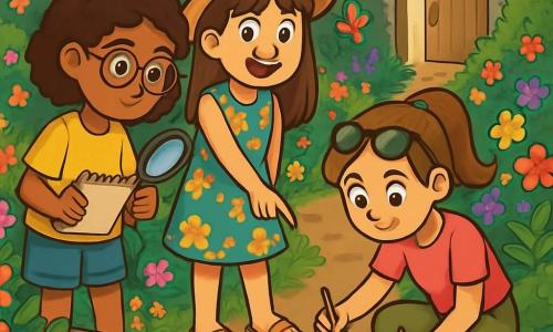 Há 3 personagens: - Luísa: uma menina de 11 anos, com cabelos cacheados e óculos redondos. Ela usa uma camiseta amarela e um short de jeans. Ela segura um caderno e uma lupa, observando atentamente o chão. - Sofia: uma menina de 11 anos, com cabelos lisos e franja. Ela está vestida com um vestido de flores e usa um chapéu de palha. Ela está em pé, apontando para uma impressão no chão com um grande sorriso. - Helena: uma menina de 11 anos, com cabelos presos em um rabo de cavalo e óculos de sol na cabeça. Ela usa uma camiseta rosa e uma calça cargo. Ela está agachada, desenhando impressões em seu caderno com um lápis. O local se passa em um jardim misterioso, cheio de flores coloridas e arbustos densos. Ao fundo, uma velha porta de madeira, ligeiramente aberta, deixa entrever uma luz dourada. Borboletas voam ao redor das flores, e um velho banco de madeira está coberto de musgo. A situação principal mostra as três amigas em plena investigação, examinando o chão em busca de pistas. Luísa usa sua lupa para inspecionar as impressões, enquanto Sofia descobre uma pista intrigante. Helena, concentrada, desenha os detalhes de sua descoberta, criando uma atmosfera de aventura e mistério.