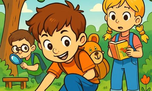 In der Mitte steht ein kleiner Junge namens Rudi, der einen Rucksack in Form eines Bären trägt und mit leuchtenden Augen und einem schelmischen Lächeln eine neugierige Miene zeigt. Er beugt sich vor und untersucht aufmerksam Fußabdrücke im Gras, seine kastanienbraunen Haare zerzaust im sanften Sonnenlicht. Rechts von ihm schaut Leni, ein Mädchen mit geflochtenen blonden Haaren, mit einer Mischung aus Aufregung und Besorgnis, ihre Augen weit aufgerissen und ihre Wangen leicht gerötet. Sie hält ein buntes Notizbuch in den Händen, bereit, Hinweise aufzuschreiben. Hinter ihnen betrachtet Jonas, ein Junge mit runden Brillen und braunen Haaren, den Boden mit einer Lupe, sein Gesicht konzentriert und entschlossen, während er neben einer großen Eiche steht und die Umgebung beobachtet. Die Szenerie ist ein grüner Park mit majestätischen Bäumen, leuchtenden Blumen und einem klaren blauen Himmel, der mit weißen, baumwollartigen Wolken gesprenkelt ist. Auf dem Boden bilden Blätter und Zweige einen natürlichen Teppich, und eine kleine Holzbank ist im Hintergrund sichtbar. Die Szene zeigt Rudi und seine Freunde bei einer Untersuchung, auf der Suche nach Hinweisen zu einem mysteriösen Diebstahl von Pausenbroten, umgeben von einer Atmosphäre von Abenteuer und Kameradschaft.