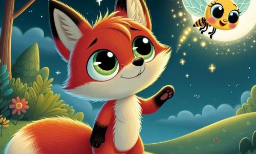 Em uma floresta encantada, um pequeno raposo chamado Rufus, com pelagem ruiva brilhante e grandes olhos curiosos, está em uma colina, olhando para o céu estrelado com um misto de admiração e apreensão. Ele tem as orelhas em pé e uma pata levantada, pronto para dar um passo à frente. Ao seu lado, uma pequena luz cintilante, Lúcia, uma adorável vaga-lume, brilha intensamente, suas asas translúcidas iluminando seu rosto sorridente e encorajador. Ela voa ao redor de Rufus, incentivando-o a superar seu medo, com uma expressão alegre e amigável. O cenário é uma colina verdejante, salpicada de flores coloridas, sob um céu noturno repleto de estrelas cintilantes e uma lua luminosa, criando uma atmosfera mágica e tranquila. A situação principal mostra Rufus, hesitante mas determinado, pronto para enfrentar seu medo do escuro, enquanto Lúcia o encoraja com sua luz calorosa, simbolizando a amizade e a coragem na escuridão.