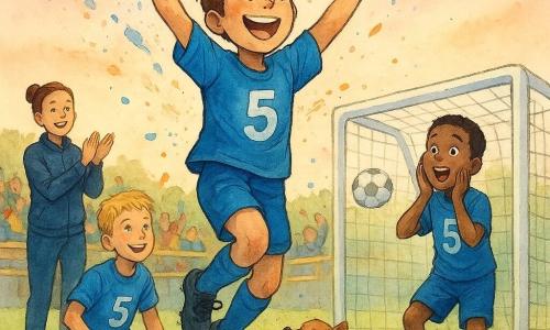 Een scène van vierkantenmeter: Ben, ongeveer 11 jaar, glimlachend en stralend, warrig kastanjebruin haar, felblauw T-shirt met wit nummer, bijpassende short en opgeplooide sokken, in een feestelijke sprong met armen in de lucht, kleine zweetdruppels en verfspatten; Mika, ook ±11, kort zwart haar,zelfde blauwe tenue rechts bij het doel, handen voor het gezicht van blijde verrassing en naar Ben toe leunend; Sam, ±12, blond, voor het linkerd oel met gebogen knie alsof hij zojuist schoot, trots gezicht en trillend net; trainster Lisa, ±35, haar in knot, donker trainingspak, applaudisserend enkele stappen achter de spelers; Bram, klein bruin hondje, vrolijk blaffend op het gras naast Ben met staart omhoog. Locatie: klein buurtstadion met groen gestructureerd gras, zichtbare witte lijnen, wit metalen doel en tribunes vol kinderen met kleurrijke sjaals (rood, geel, blauw) die zwaaien en glimlachen; zacht avondluchtje in perzik- en lichtblauwe tinten, warme lage lichtinval. Situatie: viering na een cruciaal doelpunt — spelers samengepakt, sprongen en omhelzingen, aquarelconfetti en gecontroleerde spatten suggereren vreugde en beweging, compositie gecentreerd op Ben in de sprong met lichte tegenperspectiefverheffing. Stijl: zachte aquarel, fijne inktcontouren, voelbare papiertextuur, verzadigde maar harmonieuze kleuren en beheerste spatten voor energie zonder rommel.