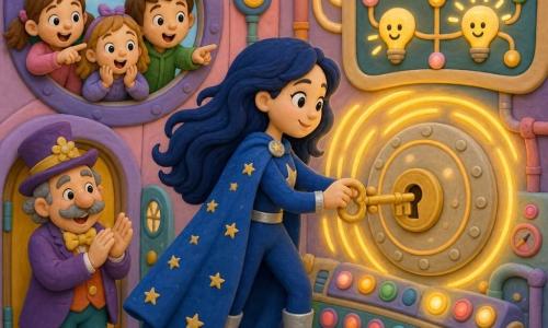 Una supereroina dal viso dolce e sorridente, espressione felice e determinata, con lunghi capelli blu notte, mantello brillante color stellato, stivali argentati e mani delicate che inseriscono una chiave d'oro in una grande serratura rotonda su un pannello luminoso; un sindaco maturo con cappello buffo e abito colorato applaude vicino alla porta della sala del sistema, tre bambini meravigliati (due bambine e un bambino) guardano e indicano da una finestra. La sala del sistema è una stanza rotonda dai muri pastello piena di pulsanti colorati, luci che lampeggiano come perle e un grande quadro con lampadine sorridenti; la supereroina ripara la grande macchina delle luci e le luci si riaccendono in piccole onde dorate, atmosfera calda e rassicurante. Stile: bassorilievo in pasta modellabile, colori vivaci, texture morbide, forme arrotondate e tratti semplici adatti ai 4 anni.
