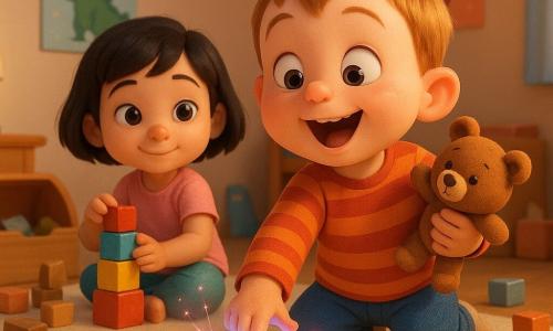 A 4-year-old boy with a round face, rosy cheeks and short light-brown hair looks amazed and joyful, holding a small brown teddy in one hand and pressing a large shiny blue button with the other; beside him sits a 5-year-old girl with short black hair and a gentle smile, stacking colorful blocks and watching the button with curiosity. The cream-painted room is bright and playful with dinosaur and rocket posters, a star-patterned rug and scattered wooden blocks, while the blue button sparkles with pink and gold sparks and the ambient light shifts to soft pink and yellow as if time is about to turn.